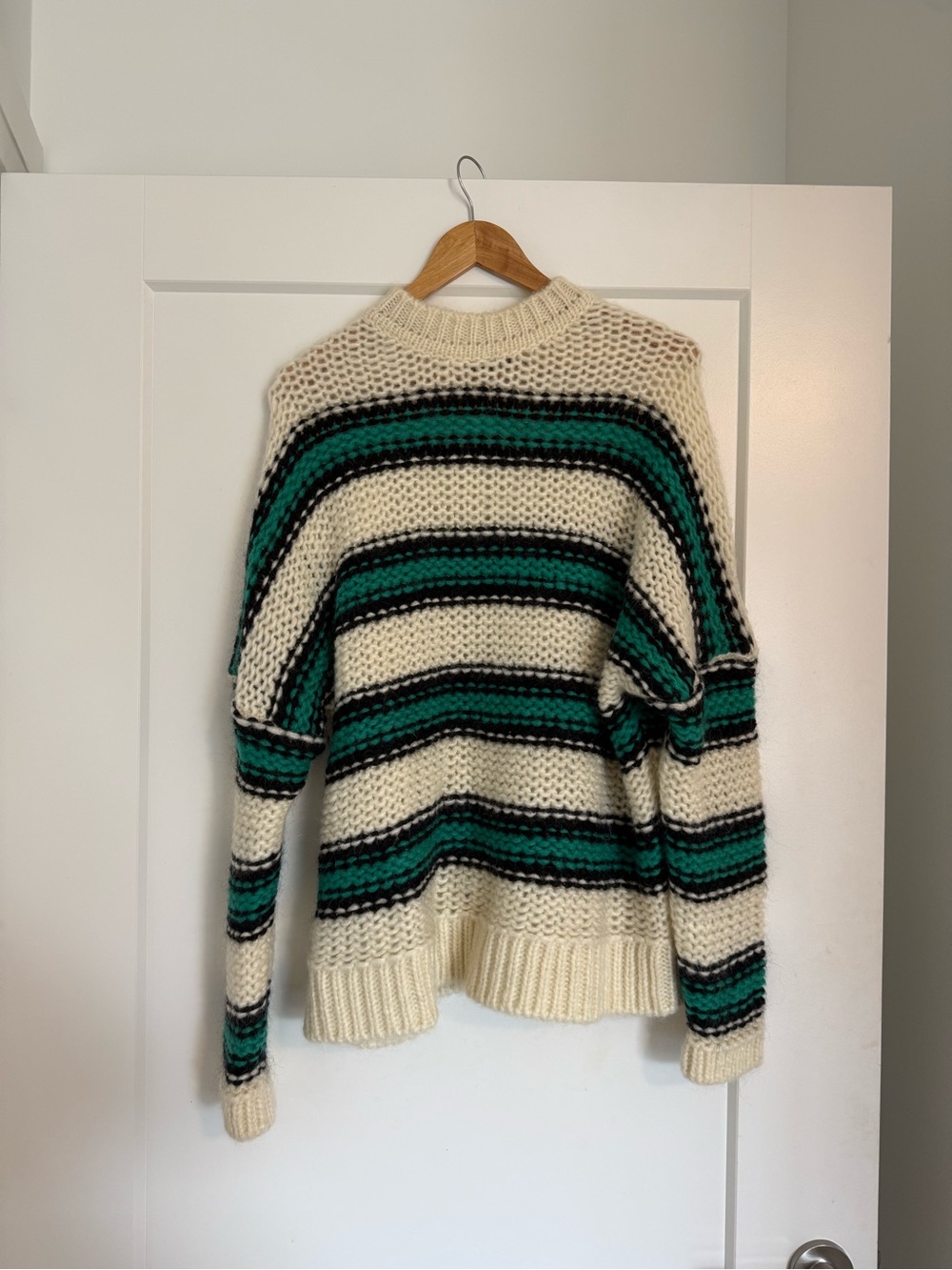 Maje Cream Sweater with Green and Black Stripes